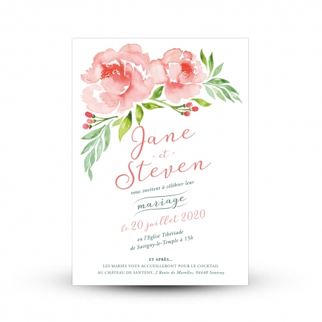 Faire-part de mariage original et tendance, pivoine peinte à l'aquarelle