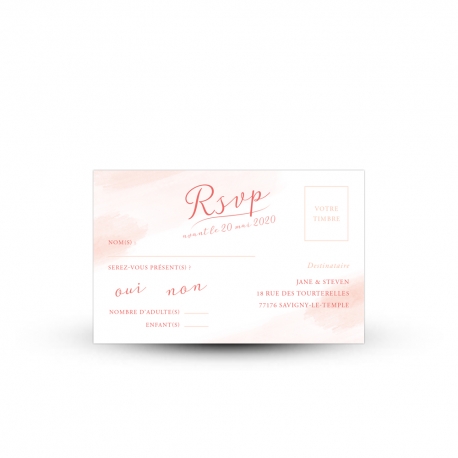 Carte réponse RSVP mariage bucolique et fleuri, modèle pivoine peint à l'aquarelle