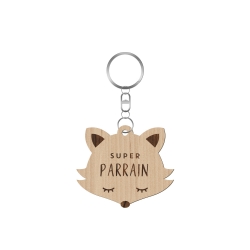 Porte-clé en bois personnalisé tête de renard Super Parrain Super Marraine