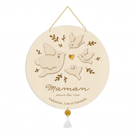 Médaille en bois décoration murale maman oiseau