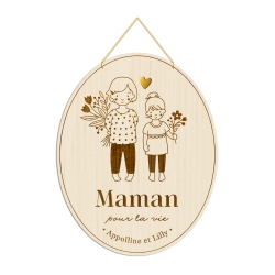 Médaille décorative en bois portrait filles, cadeau maman