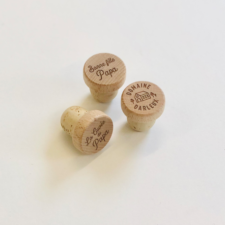 Bouchons bouteille personnalisés bois et liège, cadeau papa