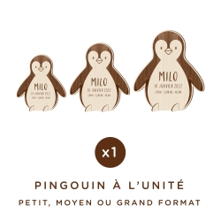 Décoration personnalisée en bois pingouin, cadeau naissance ou baptême