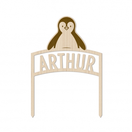 Cake topper personnalisé en bois pingouin