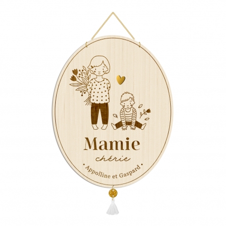 M&eacute;daille en bois personnalis&eacute;e, portraits enfant cadeau mamie