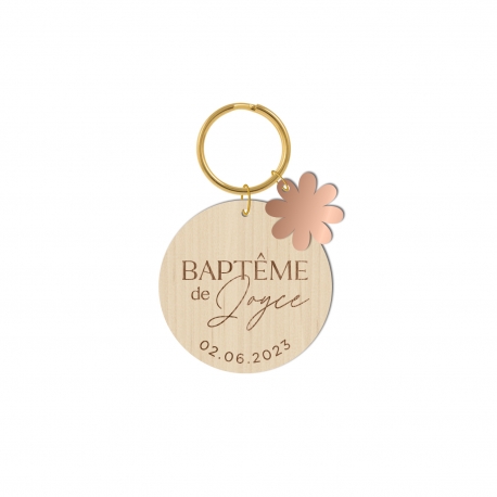 Porte-cl&eacute; en bois personnalis&eacute; bapt&ecirc;me fleur