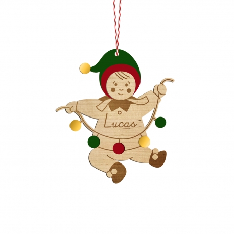 Boule de Noël personnalisée en bois lutin du Père Noël