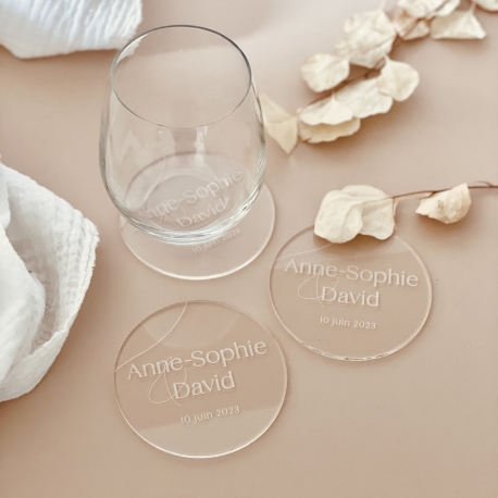 Dessous de verre mariage personnalis&eacute;s, cadeaux d'invit&eacute;s originaux