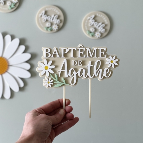 Cake topper bapt&ecirc;me original &agrave; personnaliser th&egrave;me marguerite