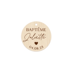 Étiquette ronde en bois calligraphie et coeur
