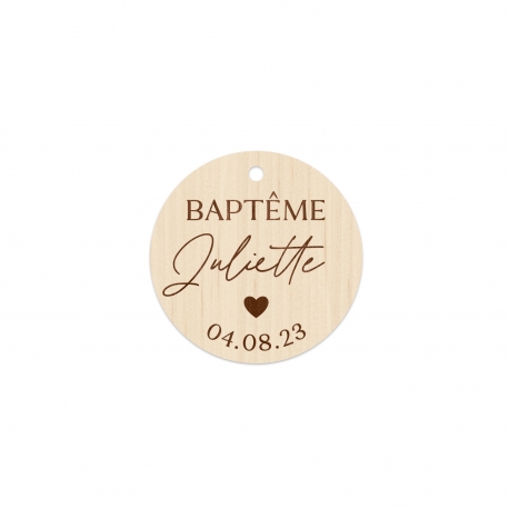 Étiquette ronde en bois calligraphie et coeur