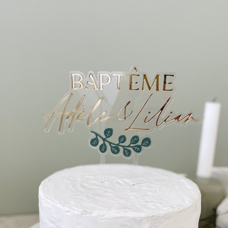 Cake topper bapt&ecirc;me personnalis&eacute; th&egrave;me eucalyptus