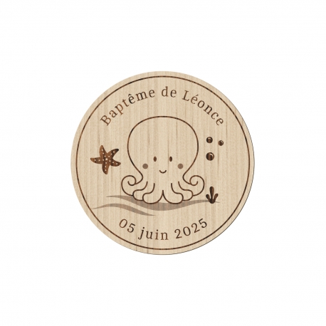 Magnet personnalis&eacute; en bois rond poulpe th&egrave;me mer