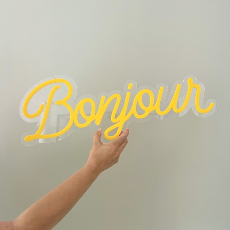 Enseigne d&eacute;corative style n&eacute;on Bonjour plexiglas jaune