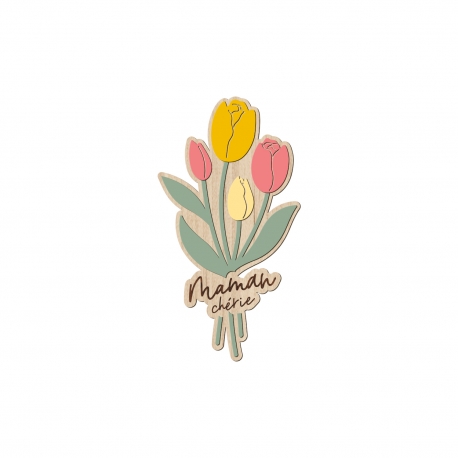 Magnet en bois bouquet de tulipes, cadeau f&ecirc;te des m&egrave;res