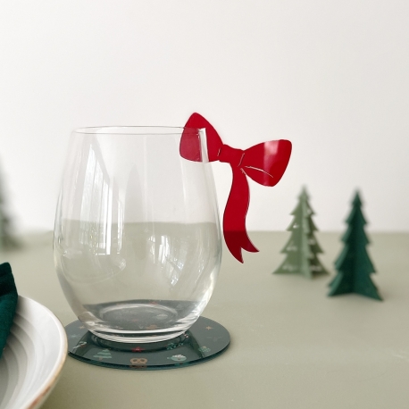 Marque-verre noeud rouge, accessoire table de No&euml;l