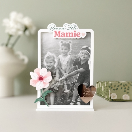 Joli cadre photo fleur rose &agrave; personnaliser, cadeau grand-m&egrave;re