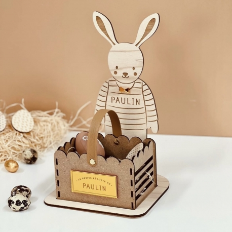 Kit chasse aux oeufs lapin en bois avec panier personnalis&eacute;s