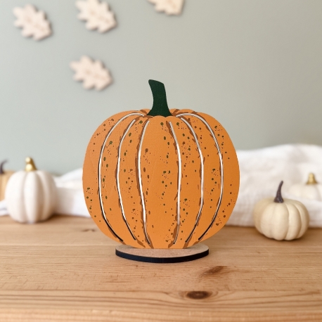 Décoration citrouille en bois sur socle, décoration automne
