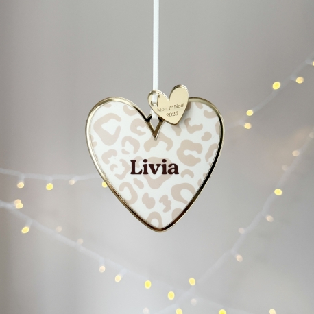 Boule de No&euml;l coeur personnalis&eacute; &agrave; motif, l&eacute;opard beige