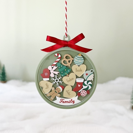 Boule de No&euml;l color&eacute;e personnalis&eacute;e famille, floril&egrave;ge de No&euml;l