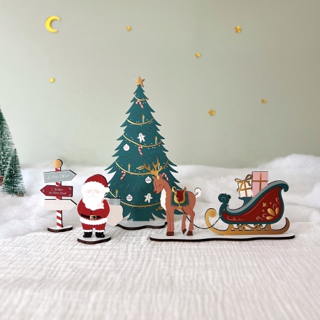 Scènette du Mini monde en bois, Le Père Noël et son traîneau